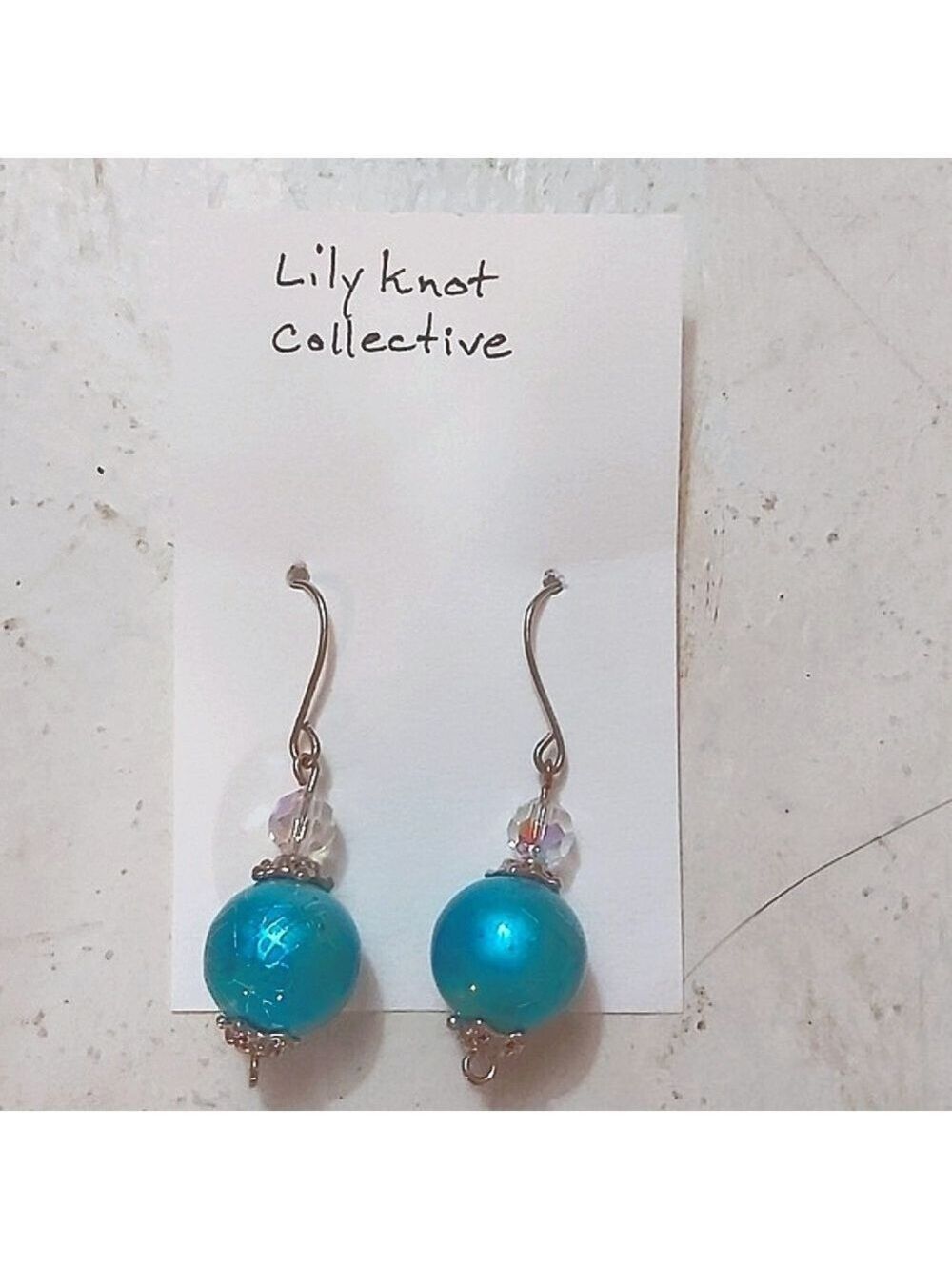 Lilyknot Turquoise Glass Earrings, Silver Caps, Silver Wire, 1.75 in Handmade